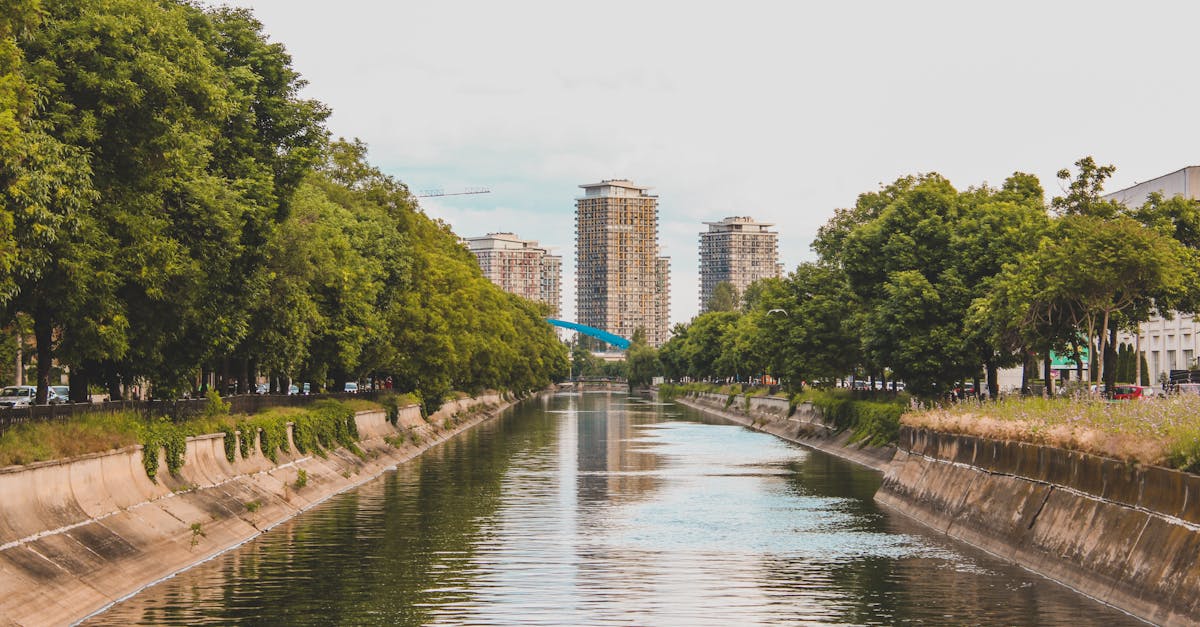 Scenic view of Bucharest's skyline featuring residential high-rises along the Dâmbovița River.