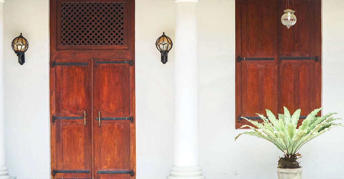Elegant wooden door with vintage sconces beside a potted fern, perfect for a rustic aesthetic.