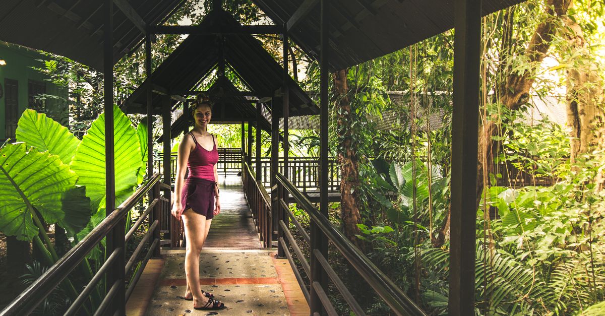 A woman strolls along a lush tropical pathway in a covered greenhouse setting.