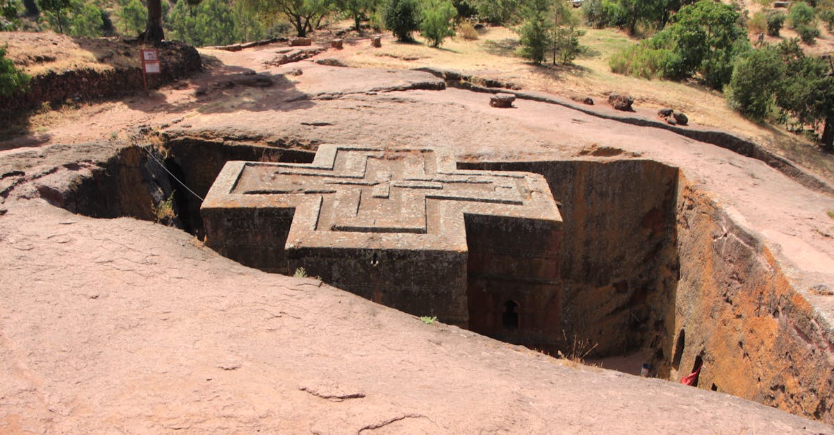 Aerial view of the iconic rock-hewn Church of Saint George in Lalibela, Ethiopia.