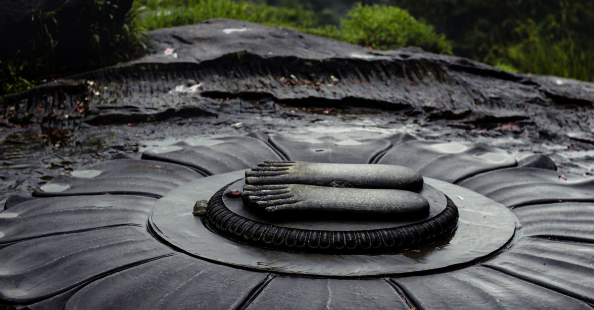 Close-up of a carved stone formation at Sahasralinga, India, surrounded by nature.