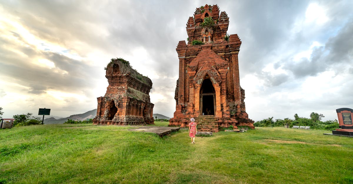 Explore the historic Cham temple ruins set in a lush landscape under an overcast sky.