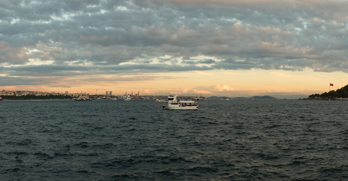 A breathtaking panoramic view over the Bosphorus Strait in Istanbul at sunset, showcasing the serene waters and city skyline.