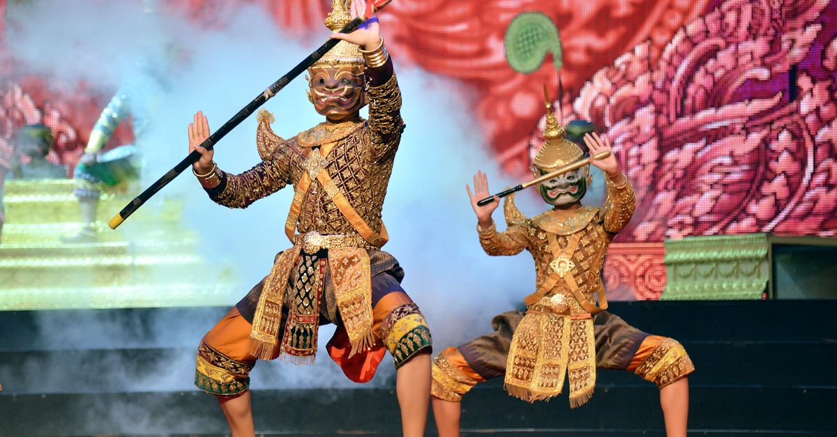 Vibrant Khmer dance performance with dancers in traditional costumes in Phnom Penh, showcasing cultural heritage.