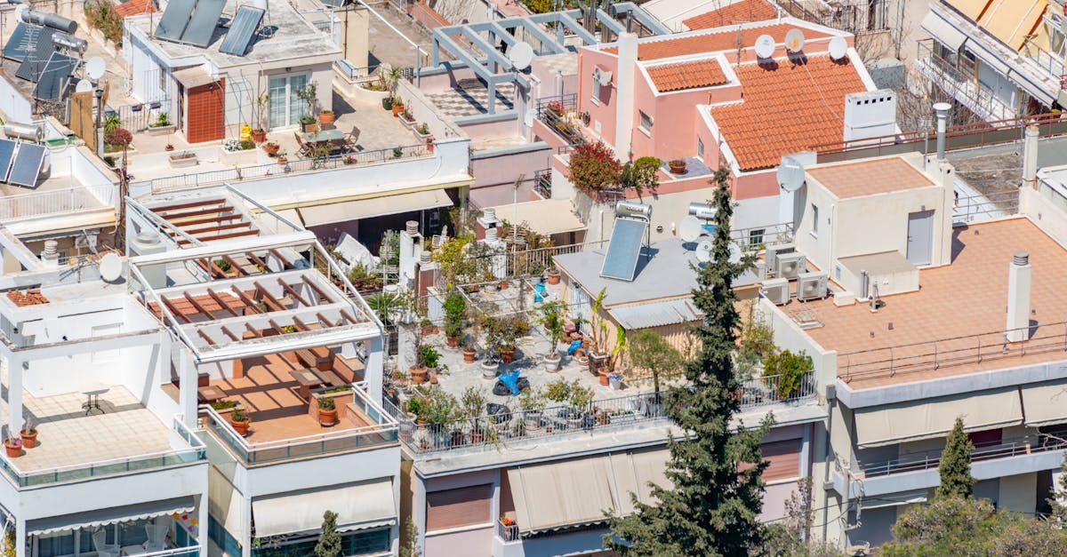 Vibrant urban rooftop gardens with solar panels in a residential district.