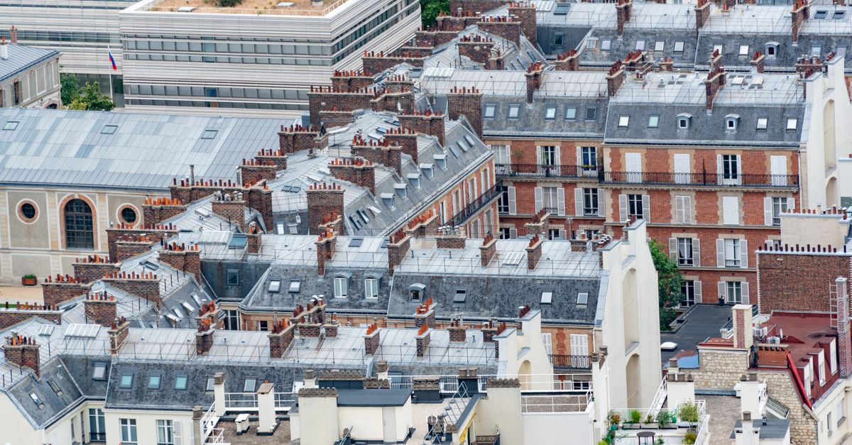 Charming aerial view of traditional Parisian rooftops showcasing classic French architecture.