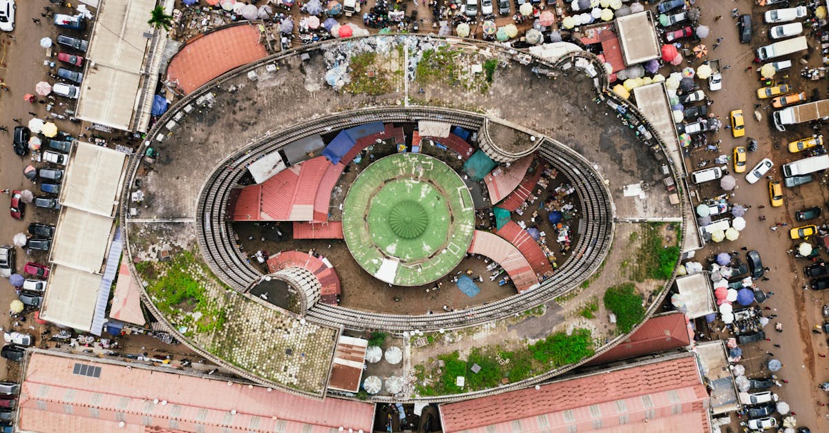 A captivating aerial shot of a bustling market in Yaoundé, capturing the vibrant cityscape and architectural landmark.