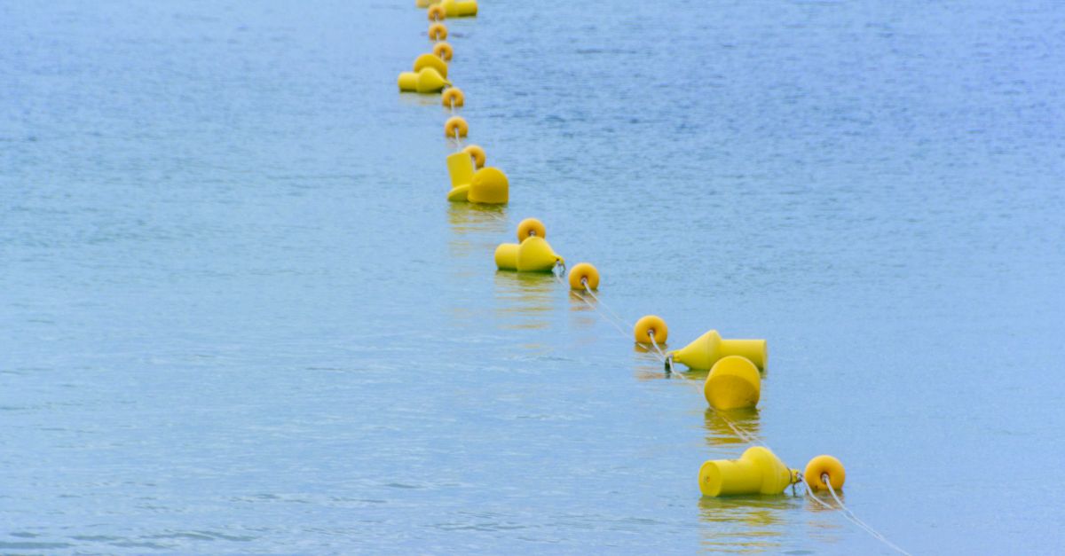 A line of yellow buoys floating in calm blue water at daytime.