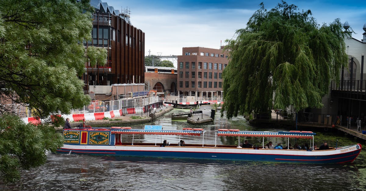 Vibrant canal boat navigating through Camden Town's iconic waterways in London, England.