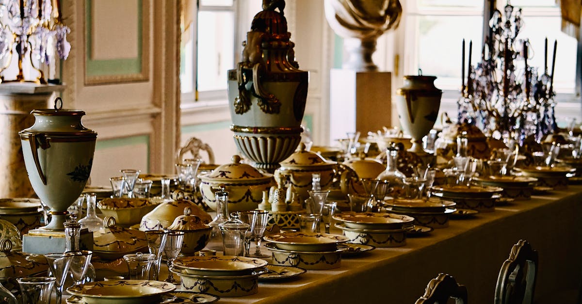 Luxurious dining table adorned with elegant porcelain at Peterhof Palace, Russia.