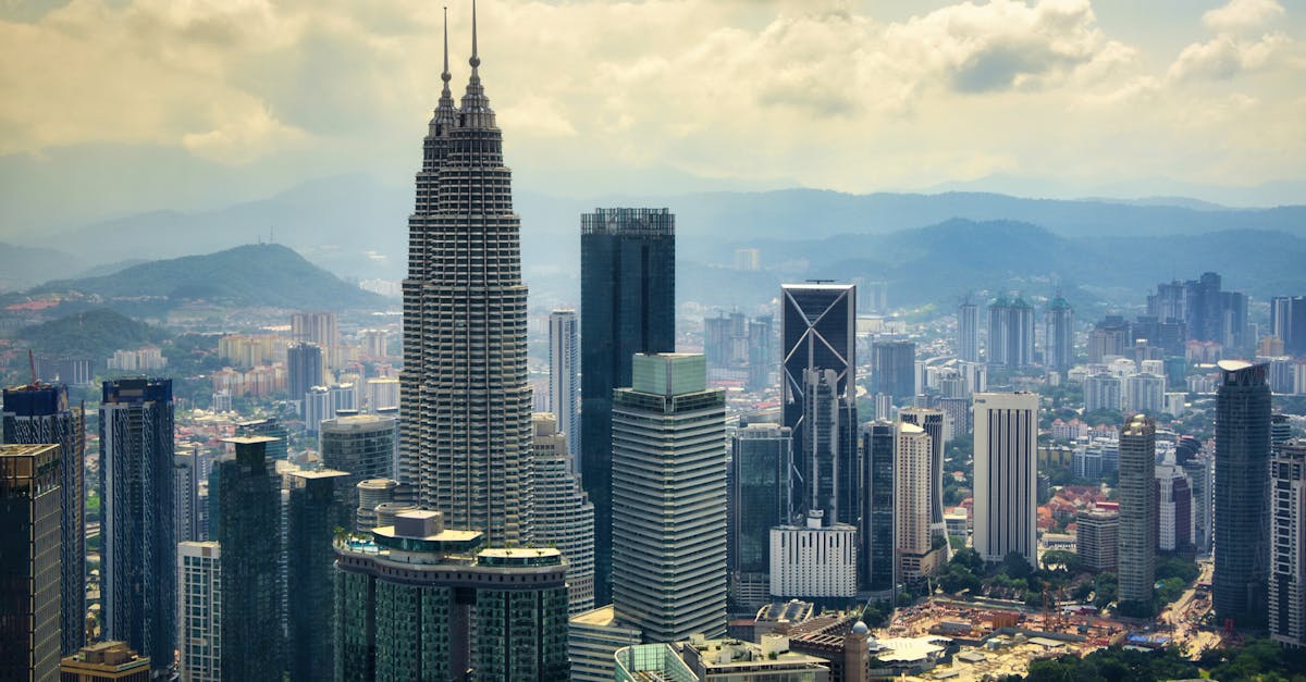 A stunning aerial view of Kuala Lumpur's skyline highlighting the iconic Petronas Towers.