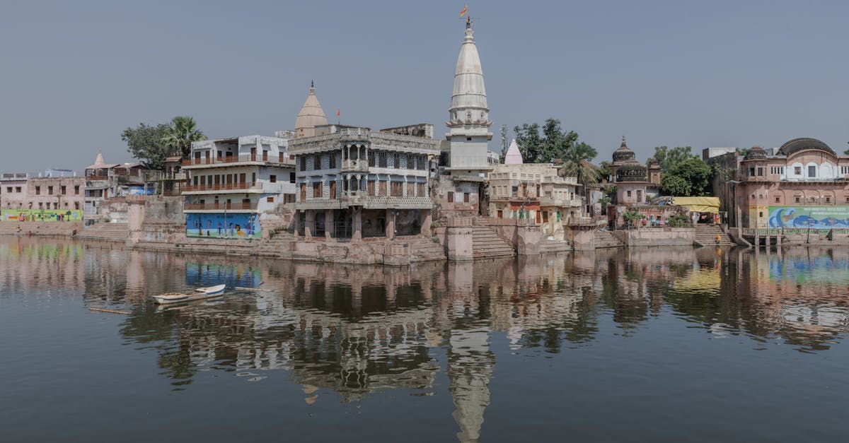 Picturesque landscape of Govardhan reflecting in water, Uttar Pradesh, India.