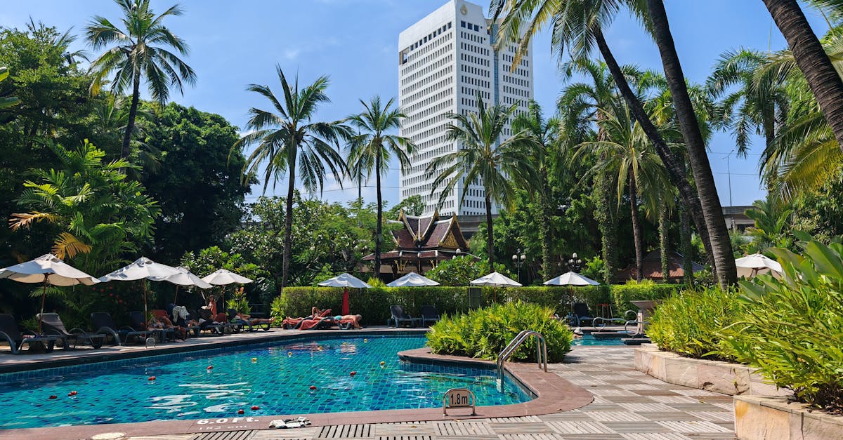 Luxurious tropical poolside setting with a city skyline view on a sunny day.