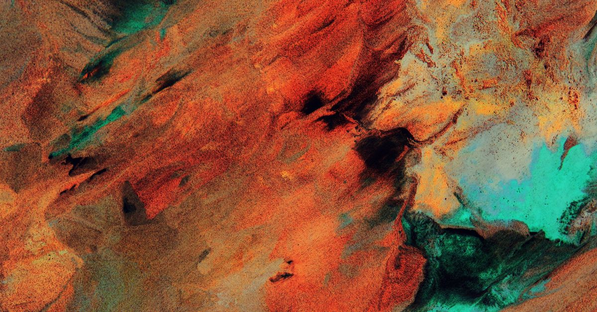 Dynamic abstract artwork featuring vivid red and teal swirls with textured brushstrokes.