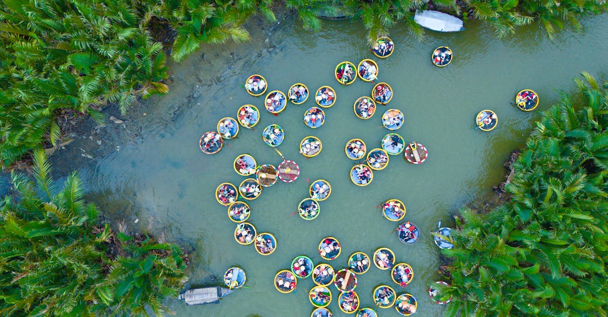 Stunning aerial shot of colorful basket boats navigating lush greens in Hội An, Vietnam.