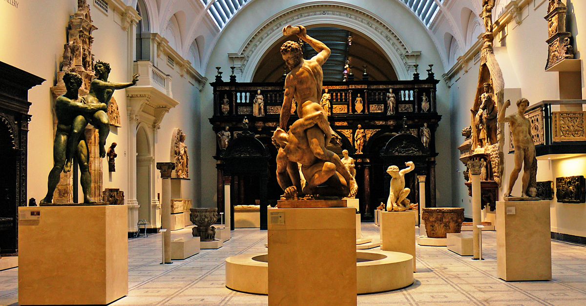 Stunning display of classical sculptures inside the Victoria and Albert Museum in London.
