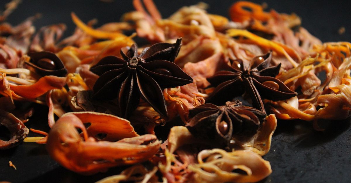 Vibrant close-up of star anise and mace spices on a dark backdrop, creating an aromatic allure.
