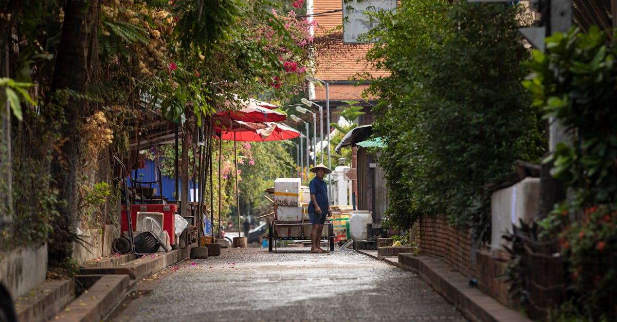 Asian alley scene with a street vendor and lush foliage, perfect for urban exploration themes.