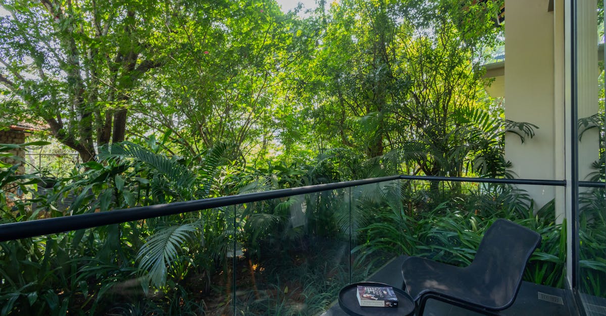 A modern balcony overlooking lush greenery, perfect for relaxation and reading.