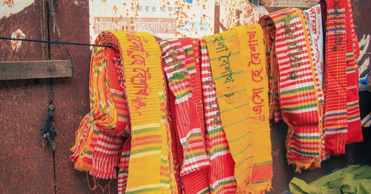 Vibrant traditional Bangladeshi banners for Pohela Boishakh celebration in Dhaka.