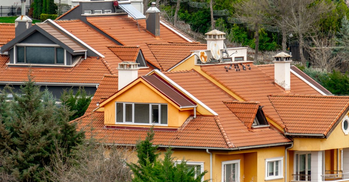 Colorful rooftops in a suburban neighborhood in Ankara, Türkiye, surrounded by lush greenery.