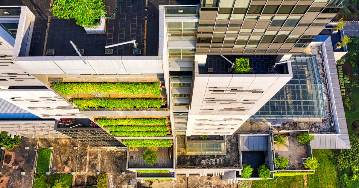 Aerial shot of a modern building with rooftop gardens in Banten, Indonesia.