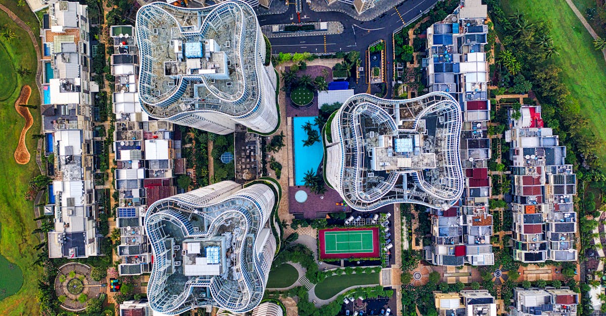 Stunning aerial view of Jakarta's unique architecture with high-rise buildings and lush surroundings.