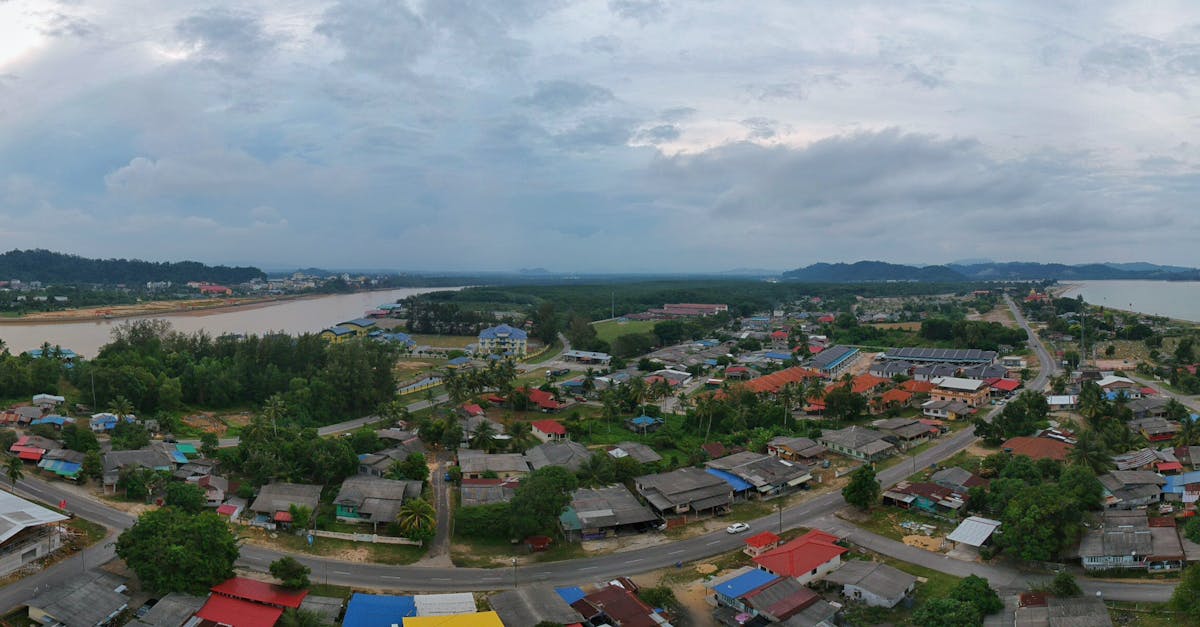 A panoramic aerial view of a coastal village with diverse landscapes, trees, and houses.